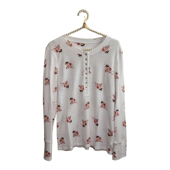 aerie White Floral Waffle Long Sleeve Henley - NWOT - Picture 3 of 5
